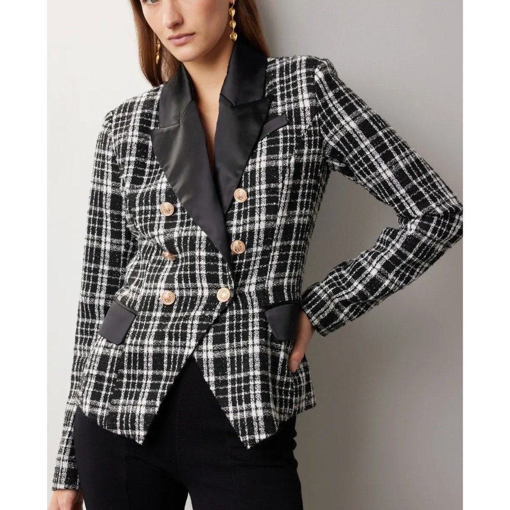 Rachel Parcell Womens Double Breasted Satin‎ Lapel Plaid Tweed Blazer Size 4